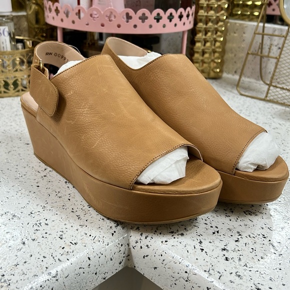 Stuart Weitzman Offset Leather Peep-Toe Wedge, Pecan - Picture 2 of 13